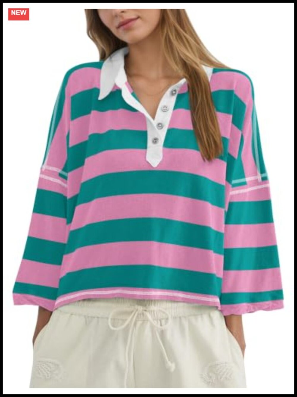 Women's Oversized Striped 3/4 Sleeve Cropped Boxy Polo Tee with Side Split